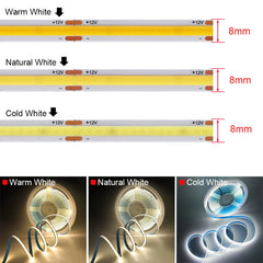 COB 12V LED Strip Light Kit + LED Tape & Power Supply - Various Lengths