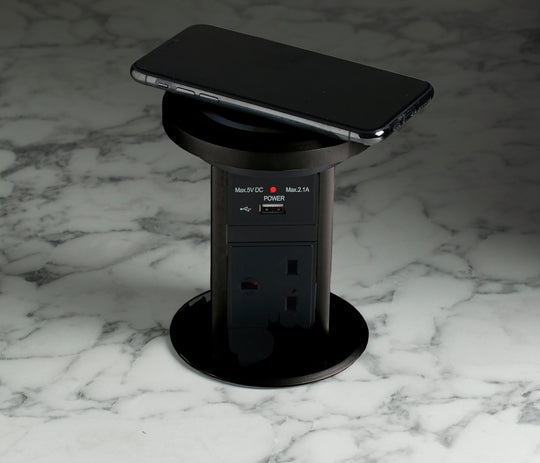 Motorised Powerport Pop Up Socket With Qi & USB Charging - Black