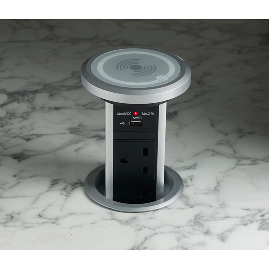 Motorised Powerport Pop Up Socket With Qi & USB Charging - Silver